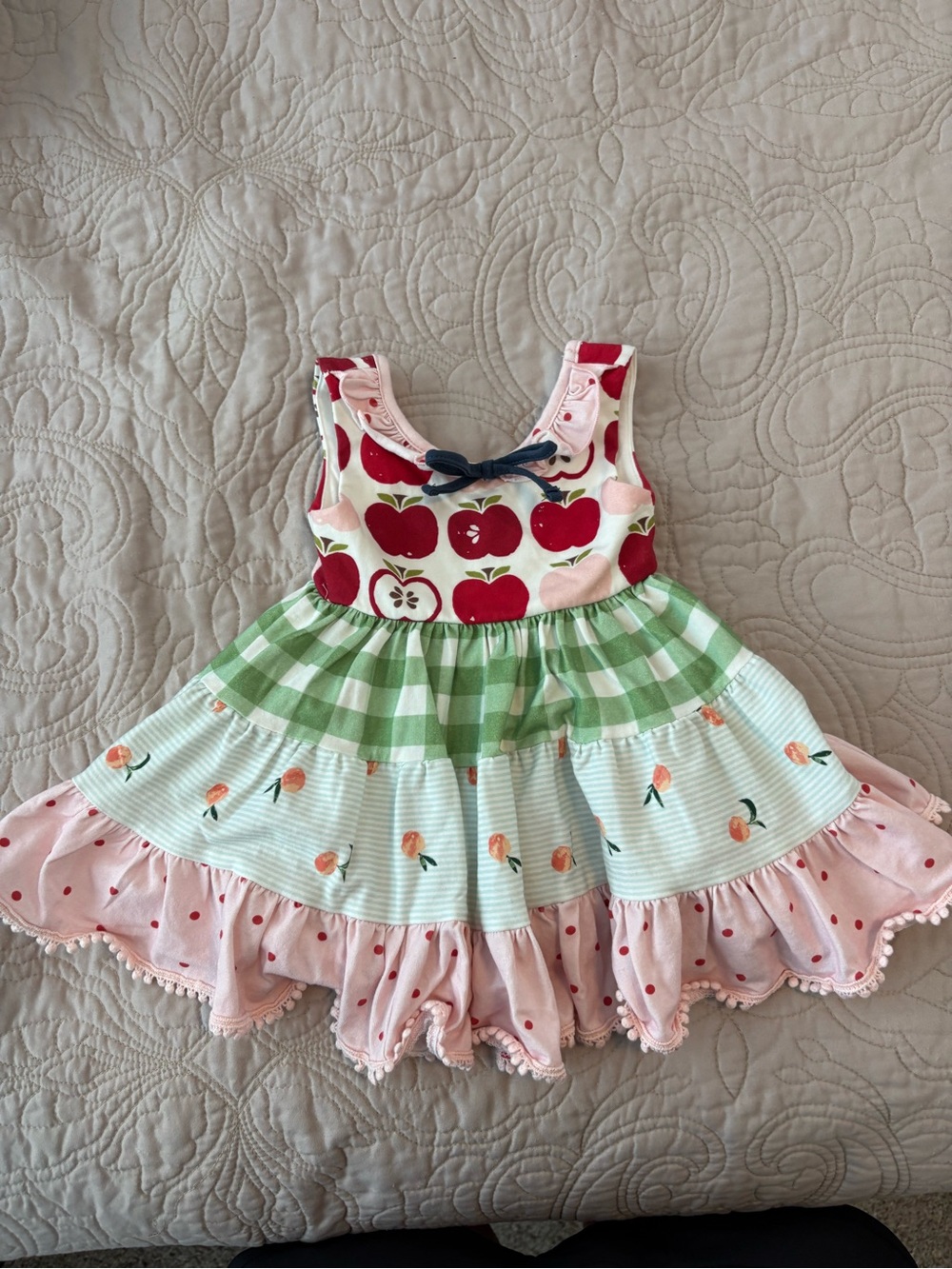 SweetHoney Pink & Green Apple Print Tiered Sundress with Peach Accents